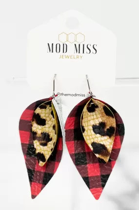 Leather Stacked Petal Earring LeopardCrackle on MiniRedBuffaloPlaid