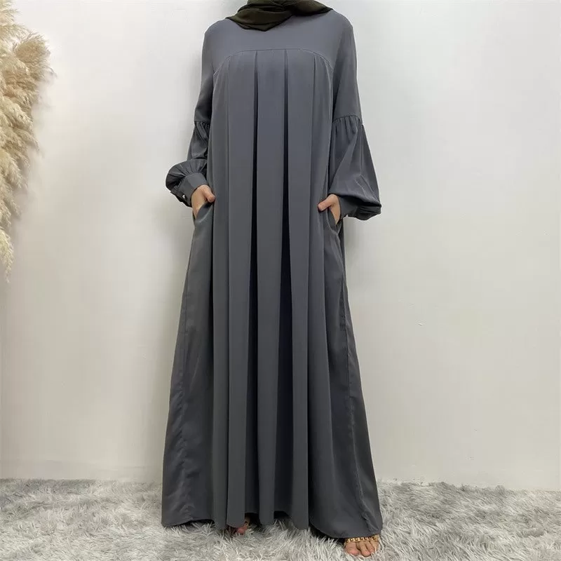 10 Color Options Puff Sleeve Muslim Women Abaya Dress With Pocket