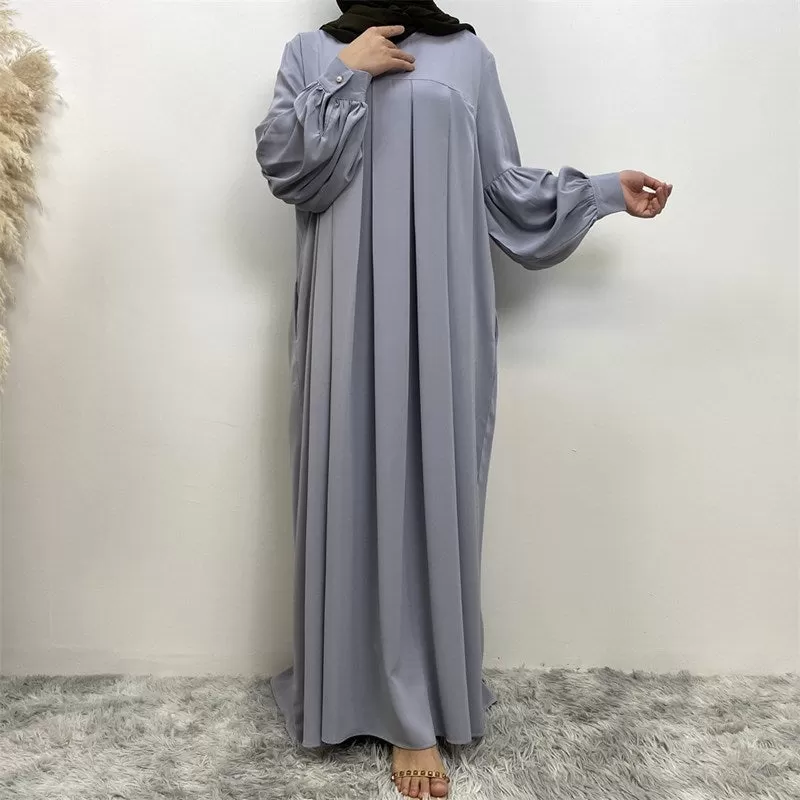 10 Color Options Puff Sleeve Muslim Women Abaya Dress With Pocket