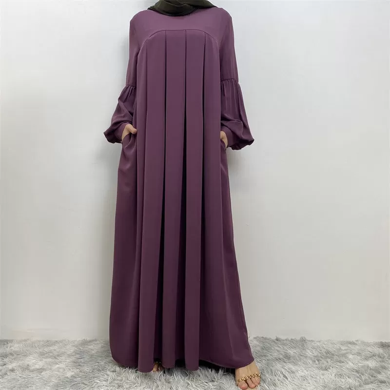 10 Color Options Puff Sleeve Muslim Women Abaya Dress With Pocket