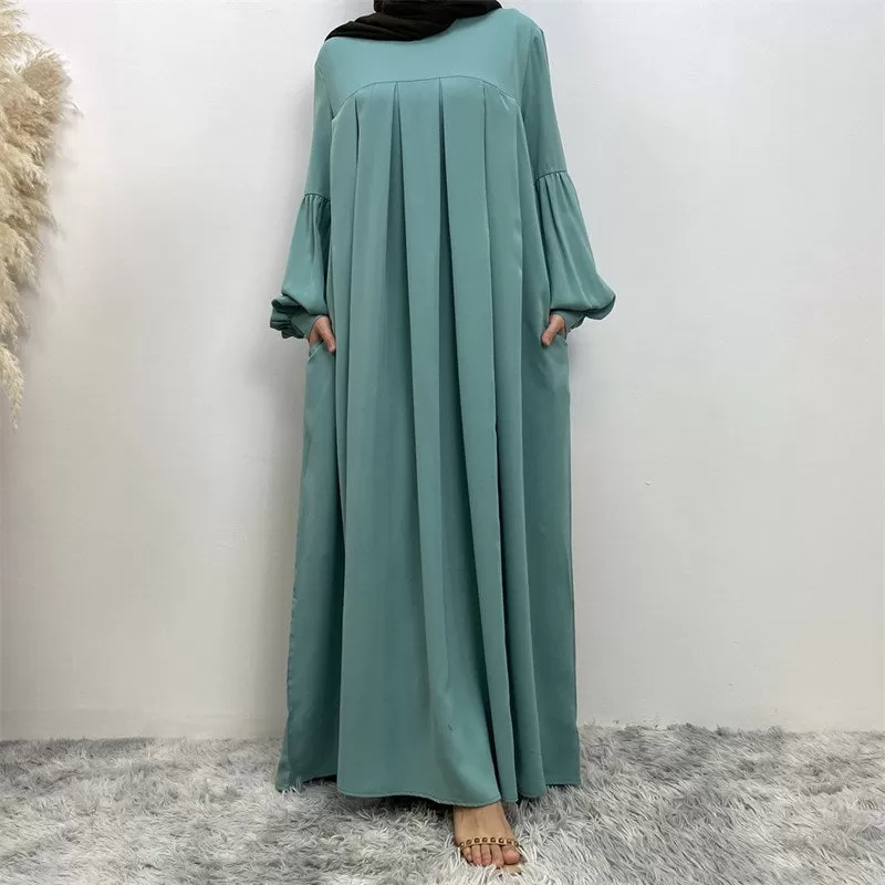 10 Color Options Puff Sleeve Muslim Women Abaya Dress With Pocket