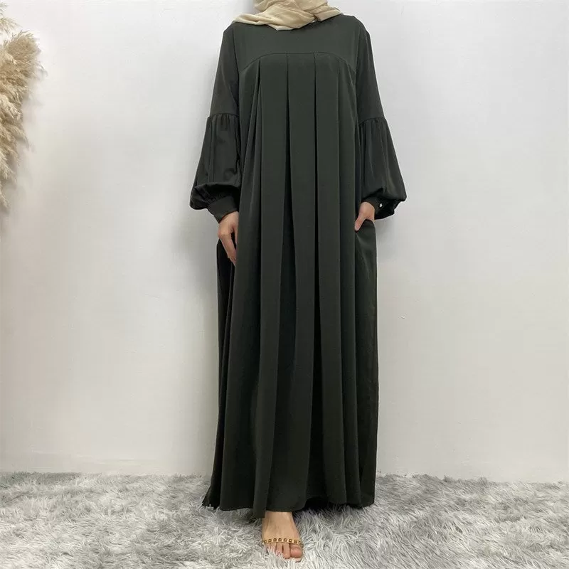 10 Color Options Puff Sleeve Muslim Women Abaya Dress With Pocket