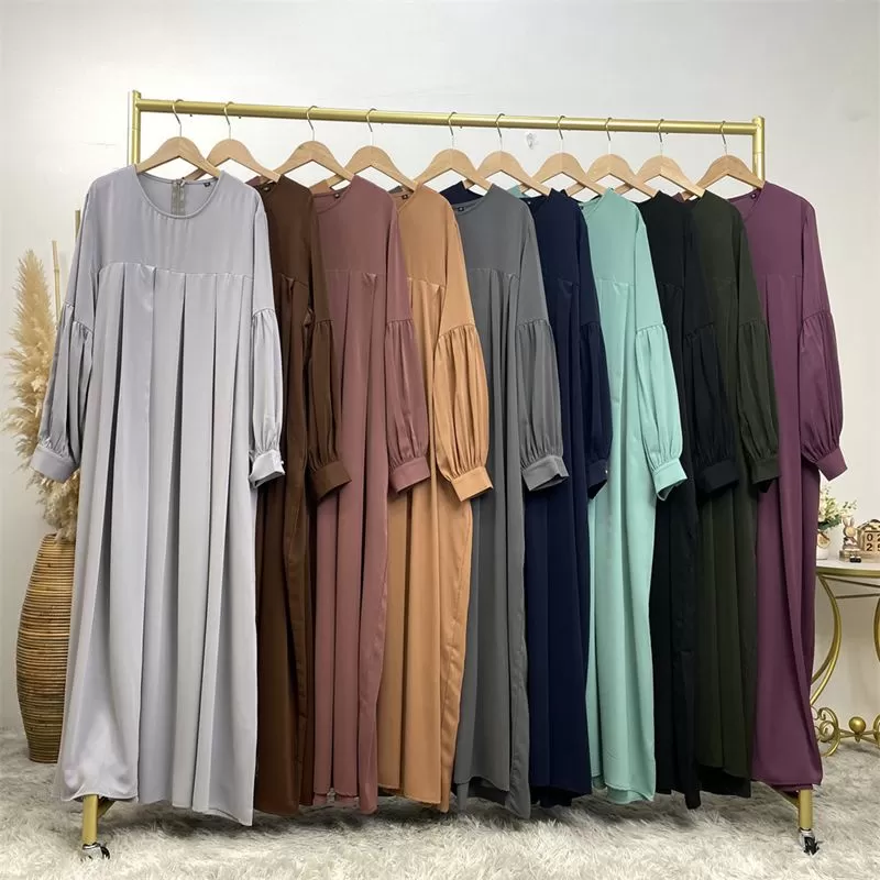 10 Color Options Puff Sleeve Muslim Women Abaya Dress With Pocket