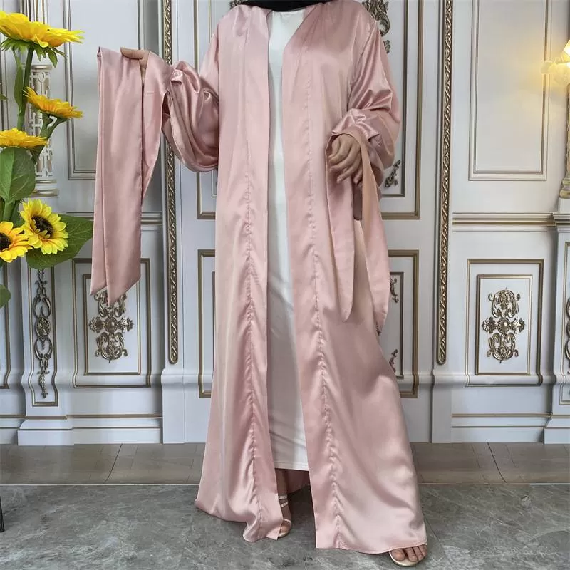 10 Color Options Puff Sleeve Satin Open Abaya Dress For Muslim Women