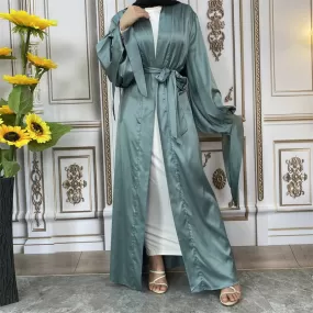 10 Color Options Puff Sleeve Satin Open Abaya Dress For Muslim Women