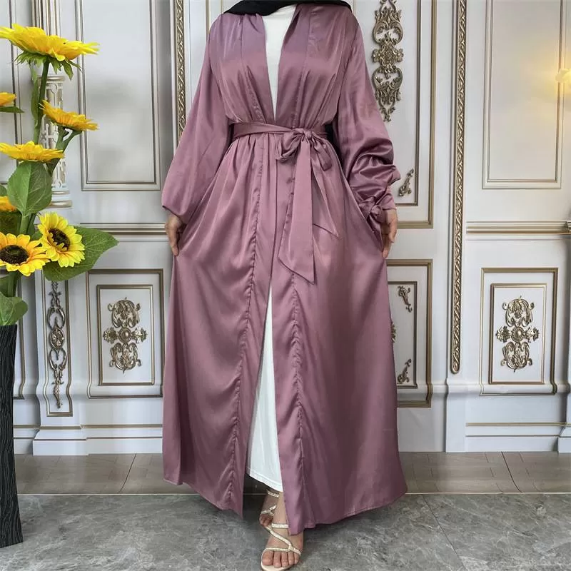 10 Color Options Puff Sleeve Satin Open Abaya Dress For Muslim Women