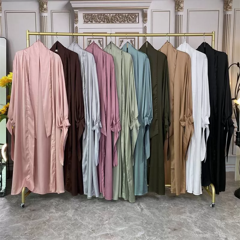 10 Color Options Puff Sleeve Satin Open Abaya Dress For Muslim Women