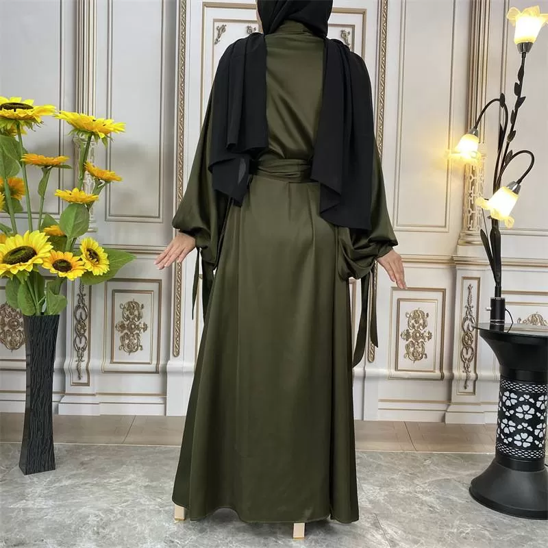 10 Color Options Puff Sleeve Satin Open Abaya Dress For Muslim Women