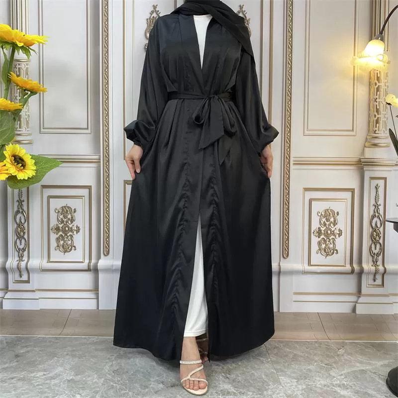 10 Color Options Puff Sleeve Satin Open Abaya Dress For Muslim Women