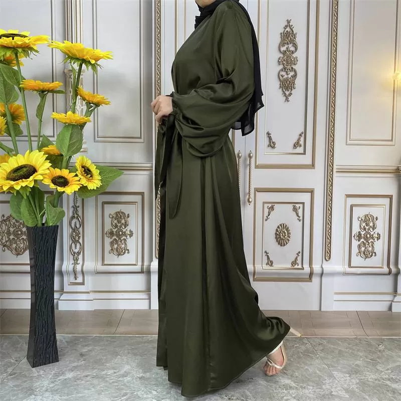 10 Color Options Puff Sleeve Satin Open Abaya Dress For Muslim Women