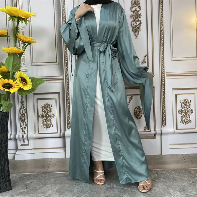 10 Color Options Puff Sleeve Satin Open Abaya Dress For Muslim Women