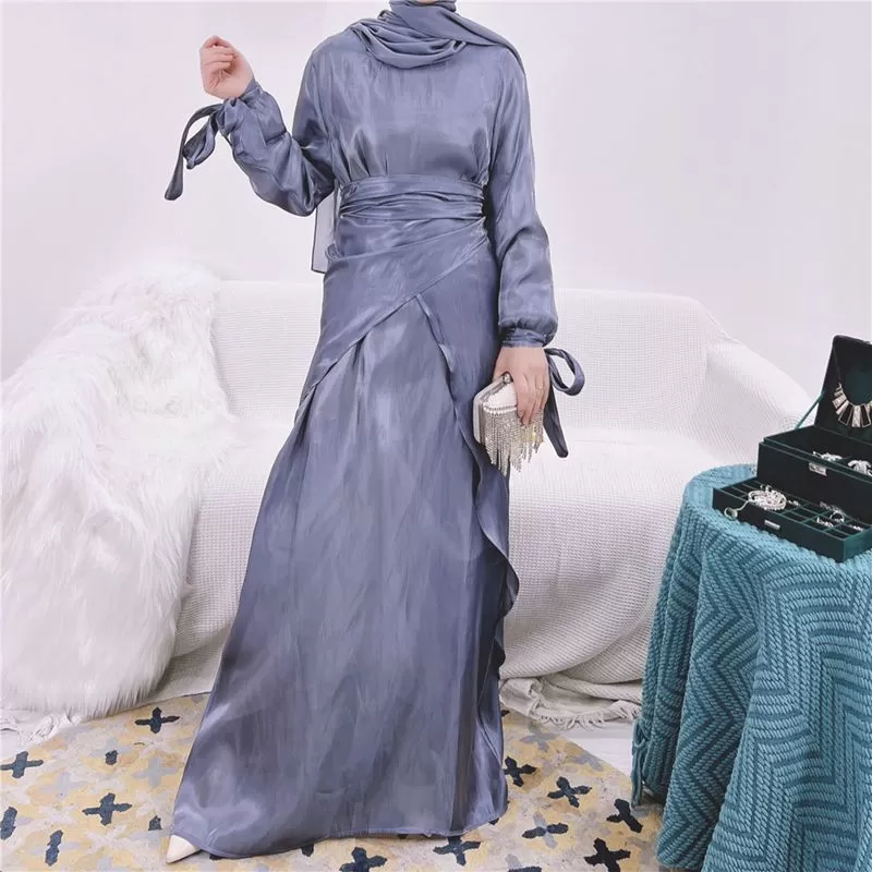 2 Pieces Set 10 Color Options Silk Feeling Muslim Women Abaya Dress With Mid Wrap