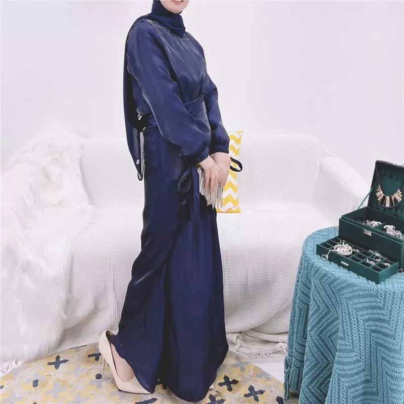 2 Pieces Set 10 Color Options Silk Feeling Muslim Women Abaya Dress With Mid Wrap