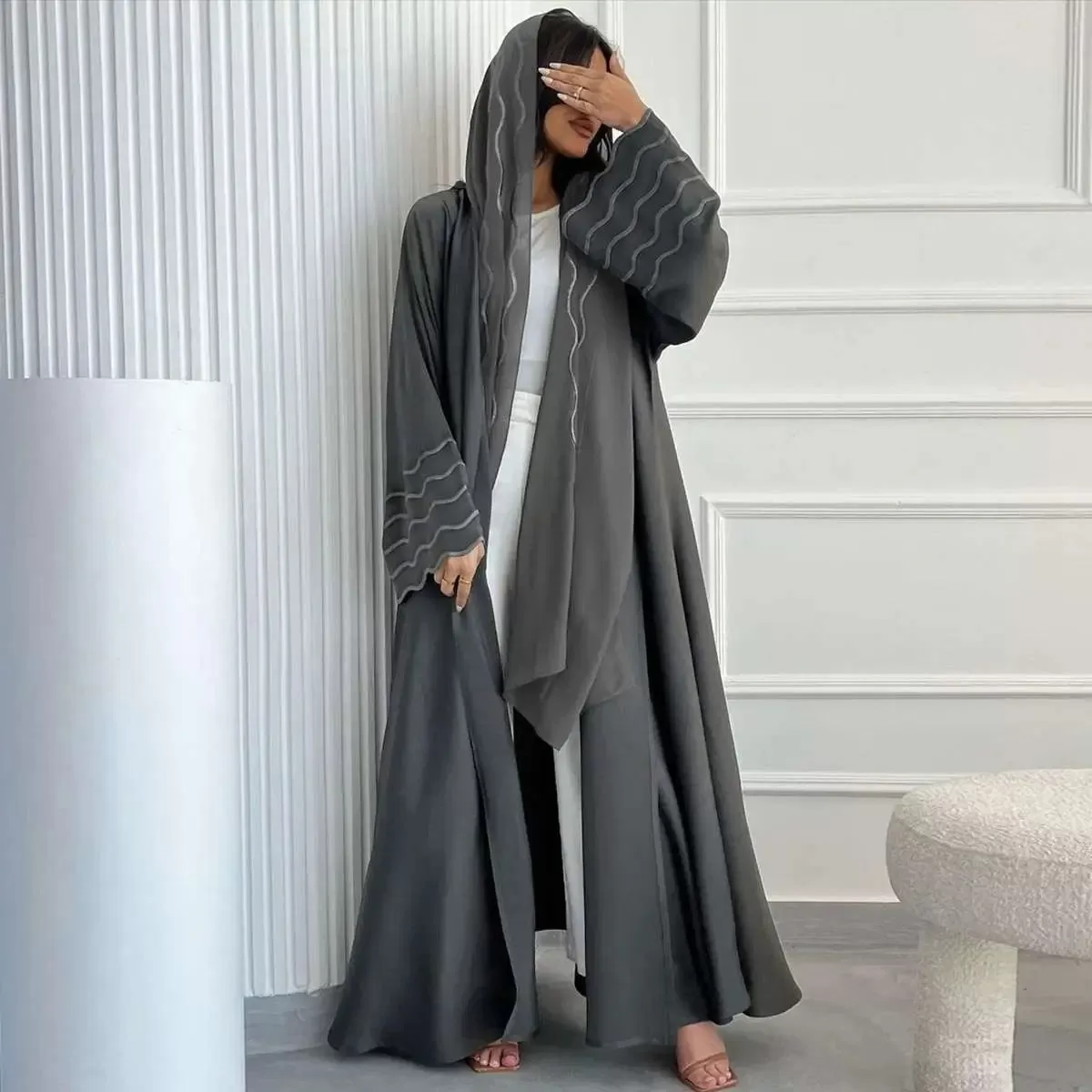 2 Pieces Set Embroidery Cardigan Open Abaya Dress With Hijab Scarf