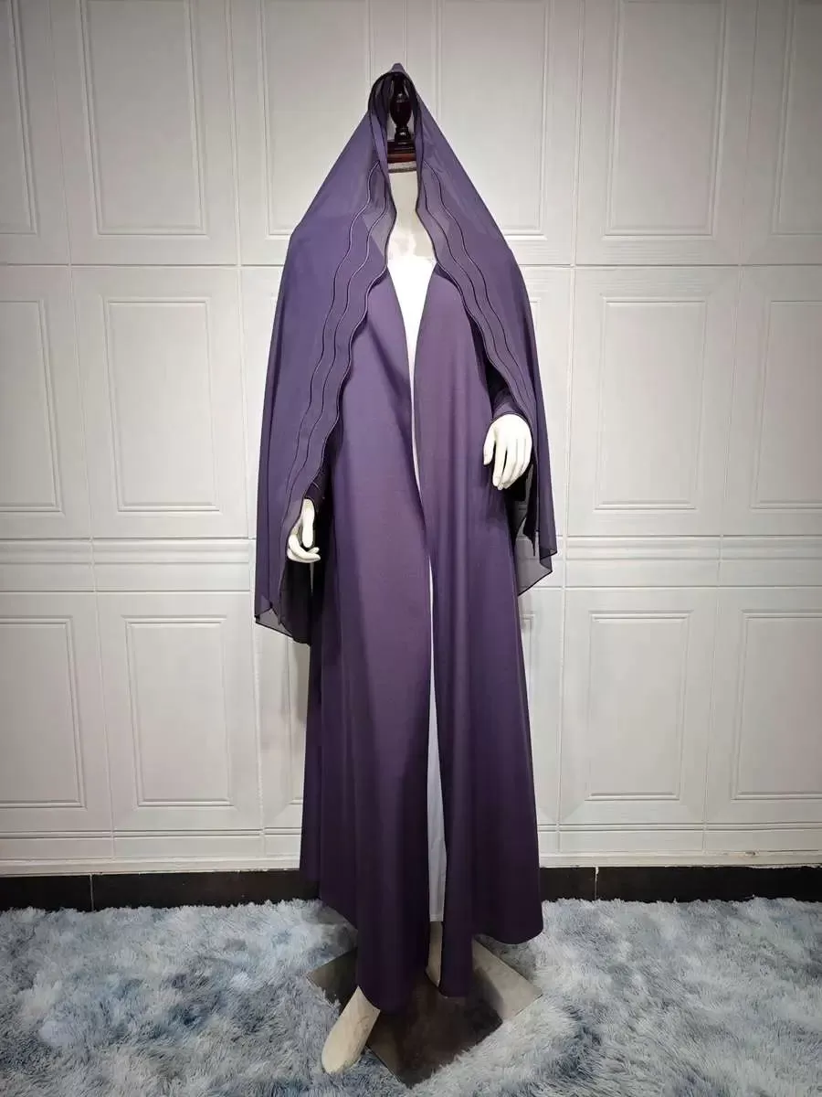 2 Pieces Set Embroidery Cardigan Open Abaya Dress With Hijab Scarf