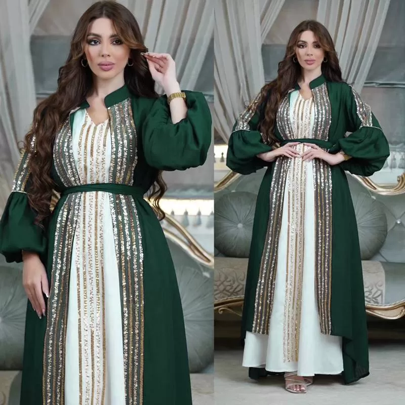 2 Pieces Set Embroidery Sequins Arab Caftan Kaftan Dress With Inner Sleeveless Dress