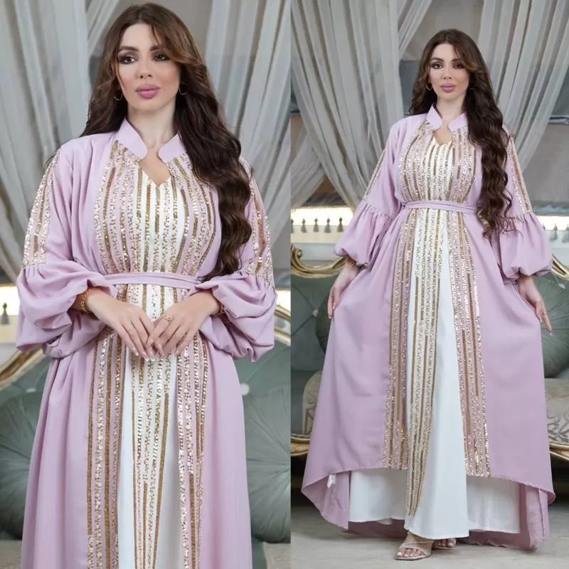 2 Pieces Set Embroidery Sequins Arab Caftan Kaftan Dress With Inner Sleeveless Dress