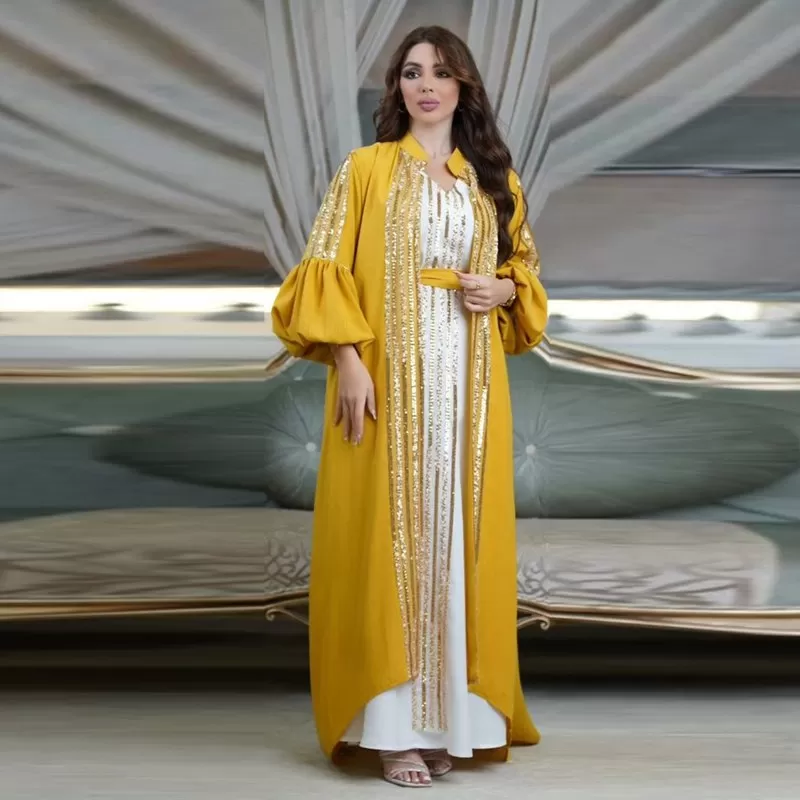 2 Pieces Set Embroidery Sequins Arab Caftan Kaftan Dress With Inner Sleeveless Dress