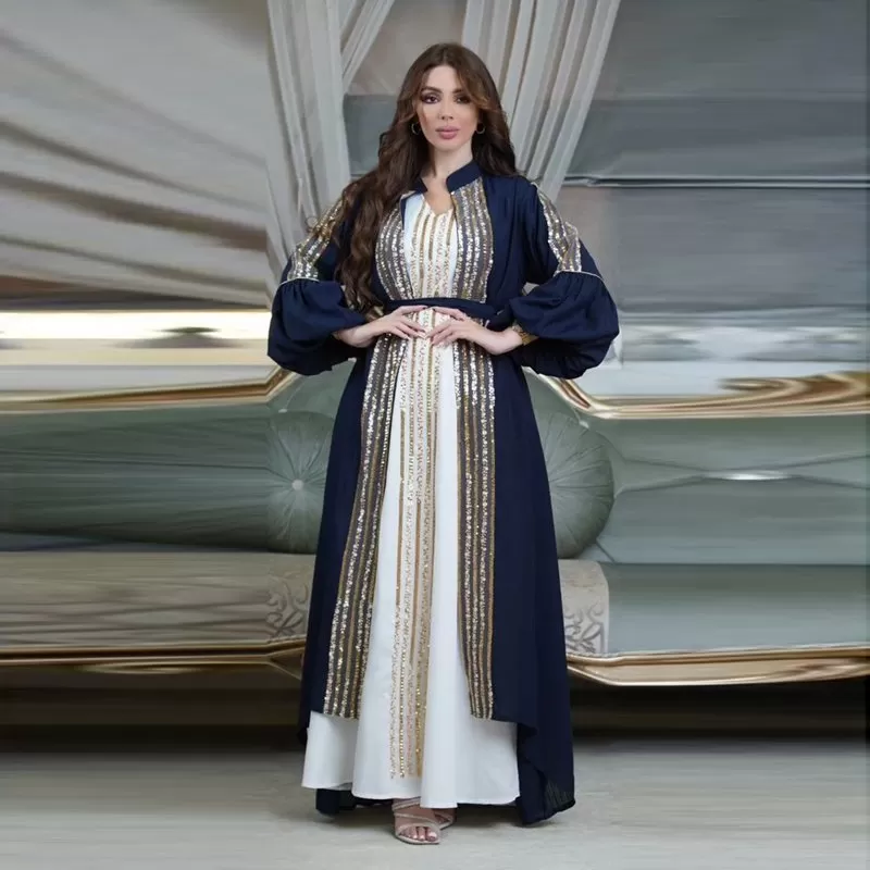 2 Pieces Set Embroidery Sequins Arab Caftan Kaftan Dress With Inner Sleeveless Dress