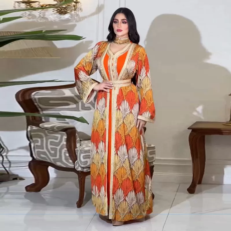 2 Pieces Set Hotfix Rhinestone Printed Caftan Jalabiya Kaftan Dress With Inner Liner Dress