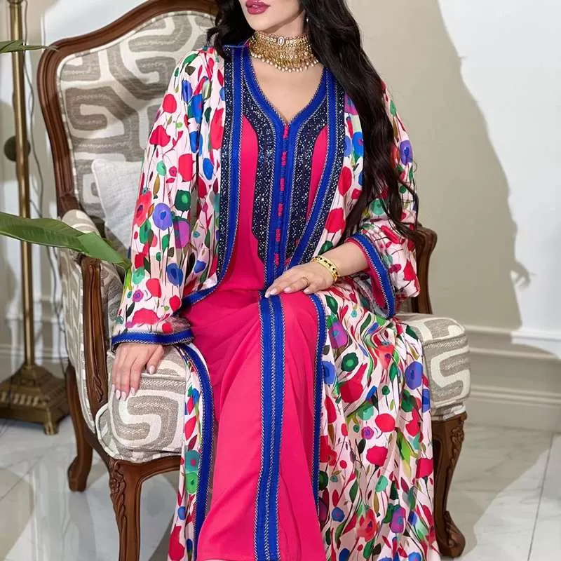 2 Pieces Set Hotfix Rhinestone Printed Caftan Jalabiya Kaftan Dress With Inner Liner Dress