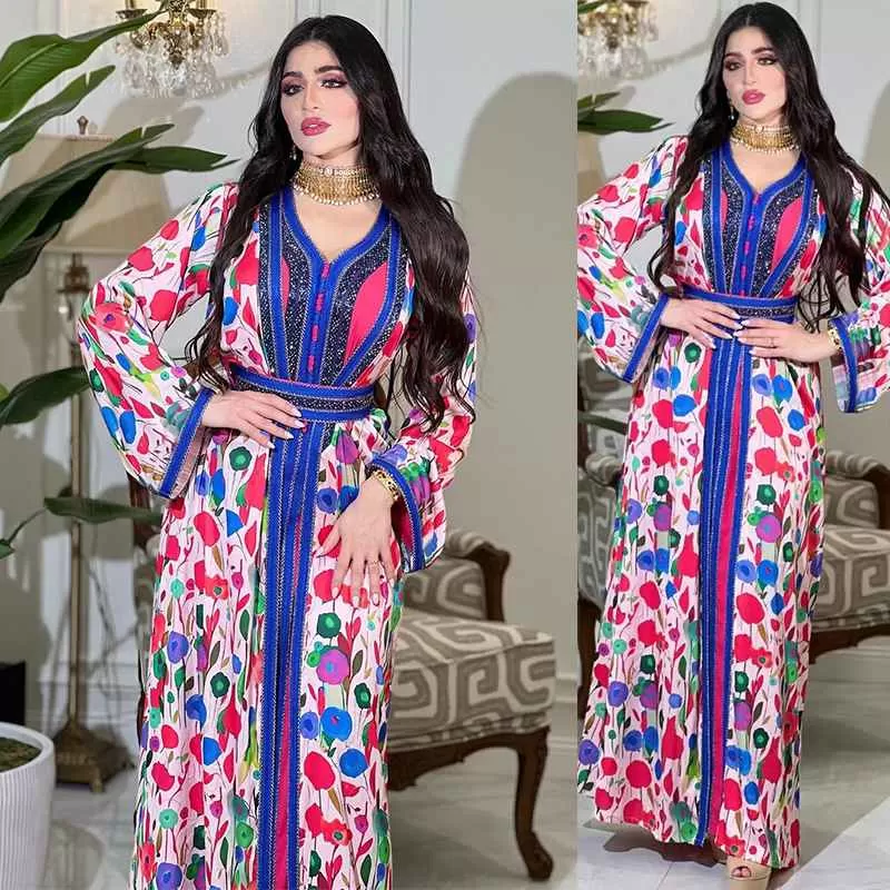 2 Pieces Set Hotfix Rhinestone Printed Caftan Jalabiya Kaftan Dress With Inner Liner Dress