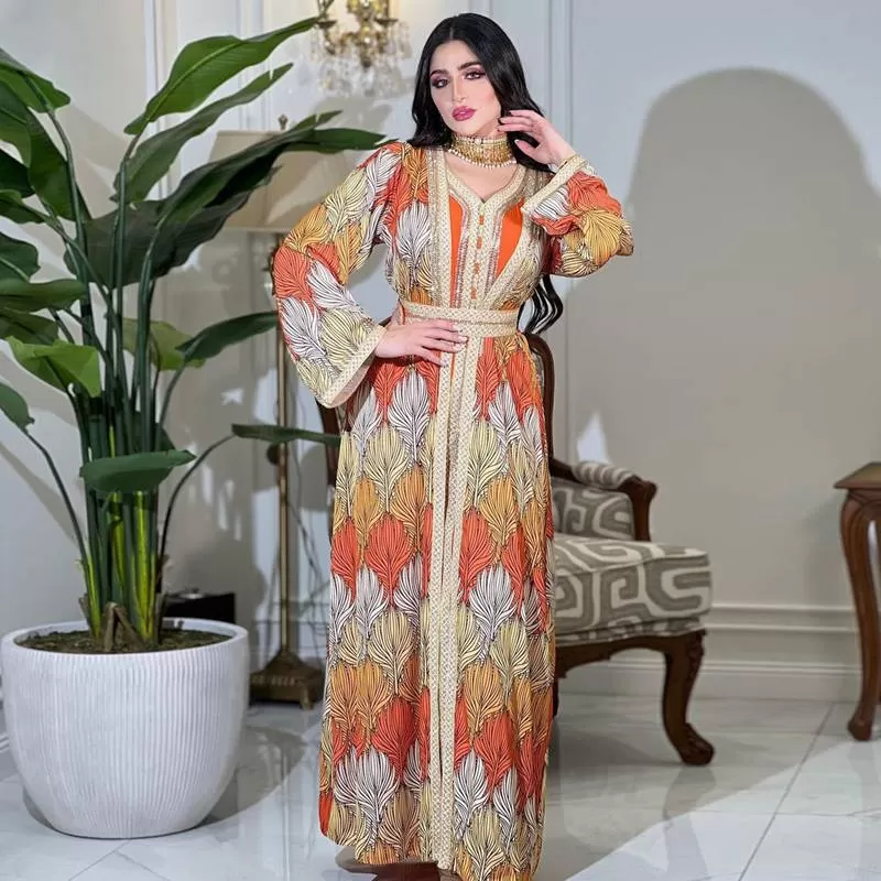 2 Pieces Set Hotfix Rhinestone Printed Caftan Jalabiya Kaftan Dress With Inner Liner Dress