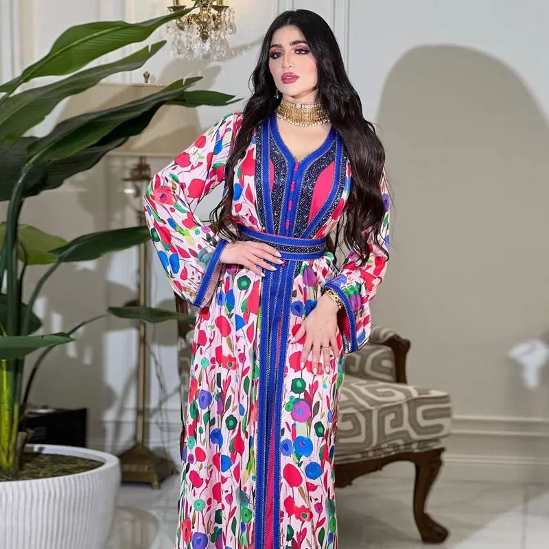 2 Pieces Set Hotfix Rhinestone Printed Caftan Jalabiya Kaftan Dress With Inner Liner Dress