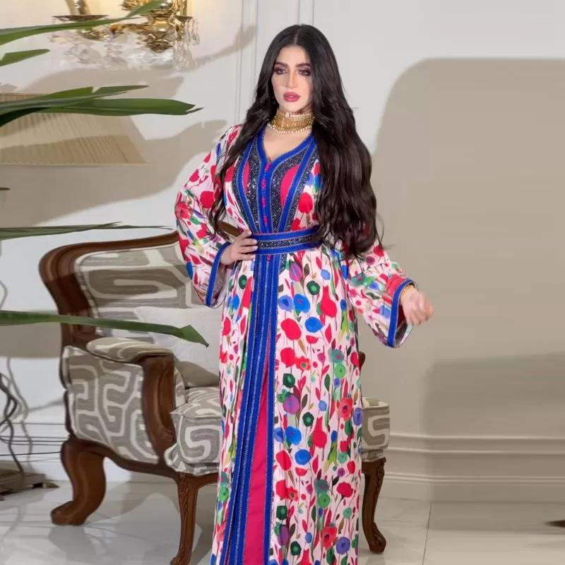 2 Pieces Set Hotfix Rhinestone Printed Caftan Jalabiya Kaftan Dress With Inner Liner Dress