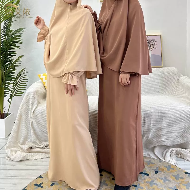 2 Pieces Set Jilaba Solid Color For Muslim Women Dress Middle East Dubai Turkish Clothing