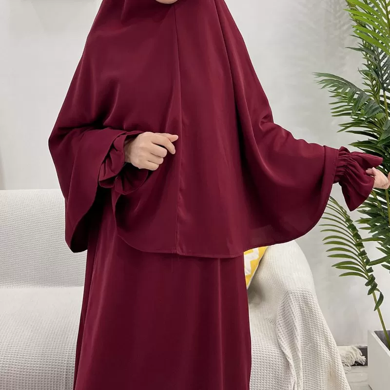 2 Pieces Set Jilaba Solid Color For Muslim Women Dress Middle East Dubai Turkish Clothing