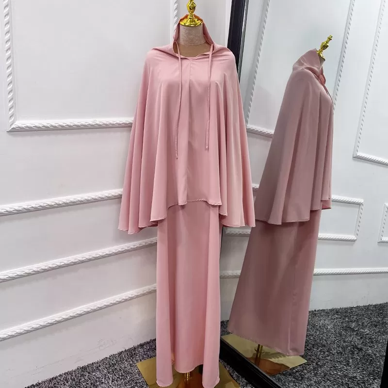 2 Pieces Set Jilaba Solid Color For Muslim Women Dress Middle East Dubai Turkish Clothing