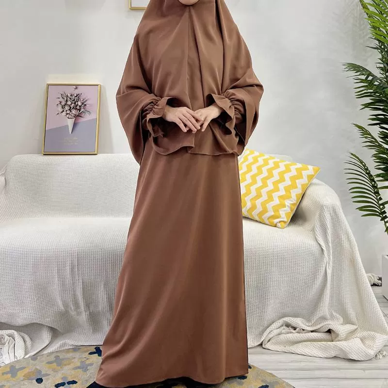 2 Pieces Set Jilaba Solid Color For Muslim Women Dress Middle East Dubai Turkish Clothing