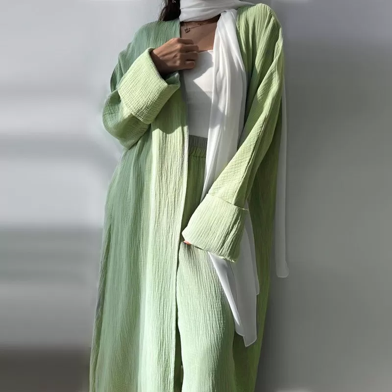 2 Pieces Set Muslim Women Cotton Cardigan Open Abaya Dress With Pant