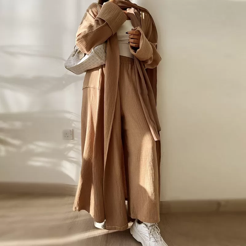 2 Pieces Set Muslim Women Cotton Cardigan Open Abaya Dress With Pant