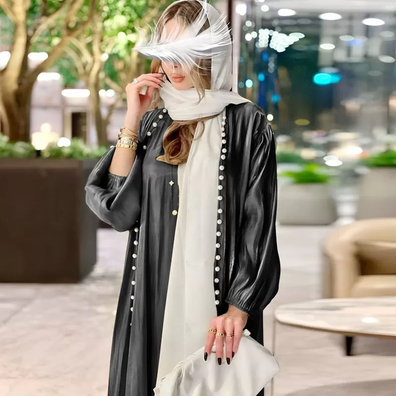 2 Pieces Set Satin Beads Muslim Women Open Abaya Dress With Inner Sleeveless Dress