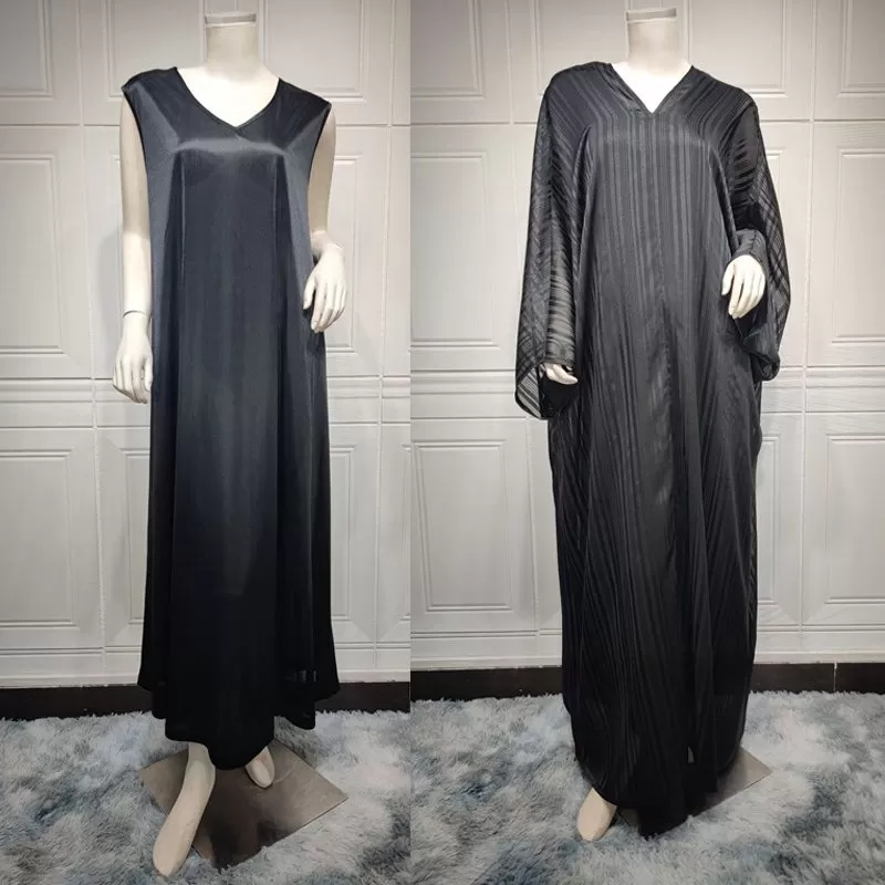 2 Pieces Set Shining Jacquard Women Abaya Dress With Inner Sleeveless Dress