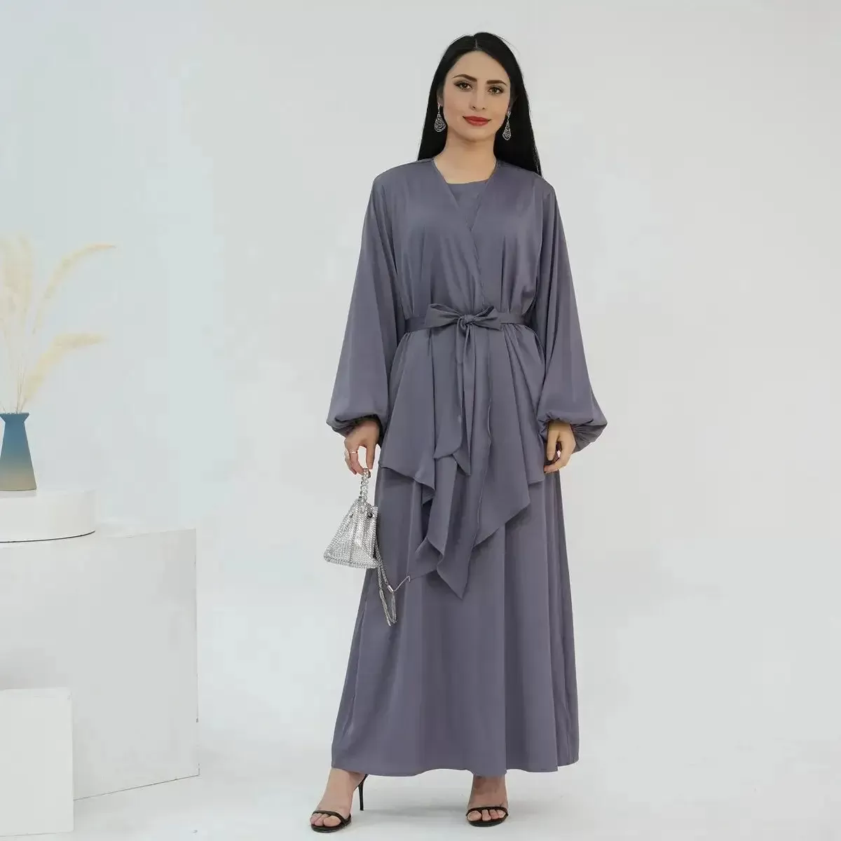 2 Pieces Set Sleeveless Abaya Dress With Outer Tops