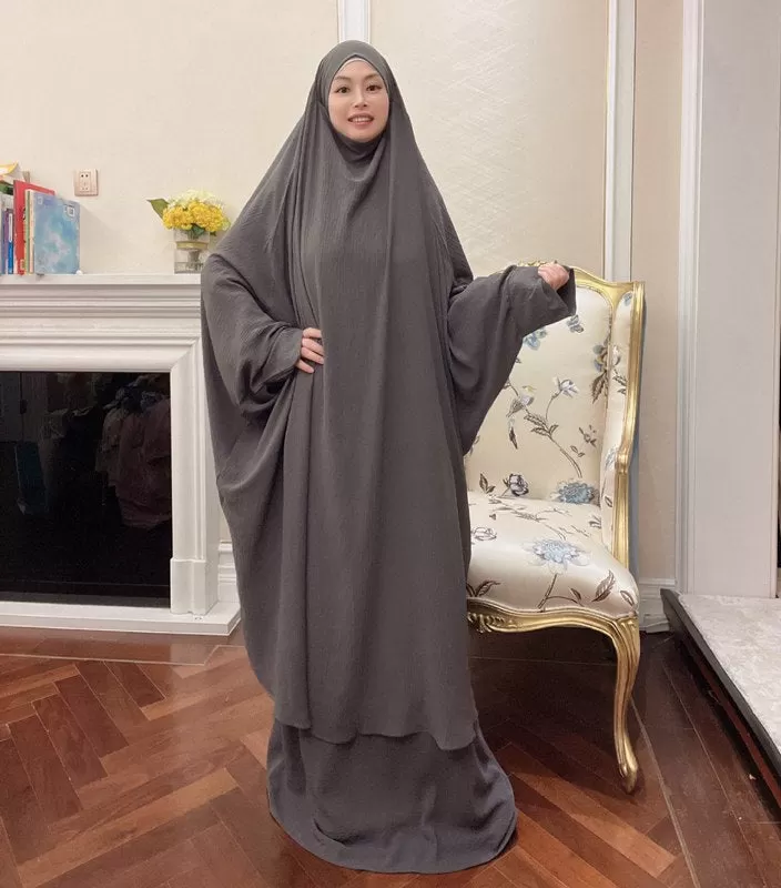 2 Pieces Set Winkle Jilbab Abaya Dress For Muslim Women