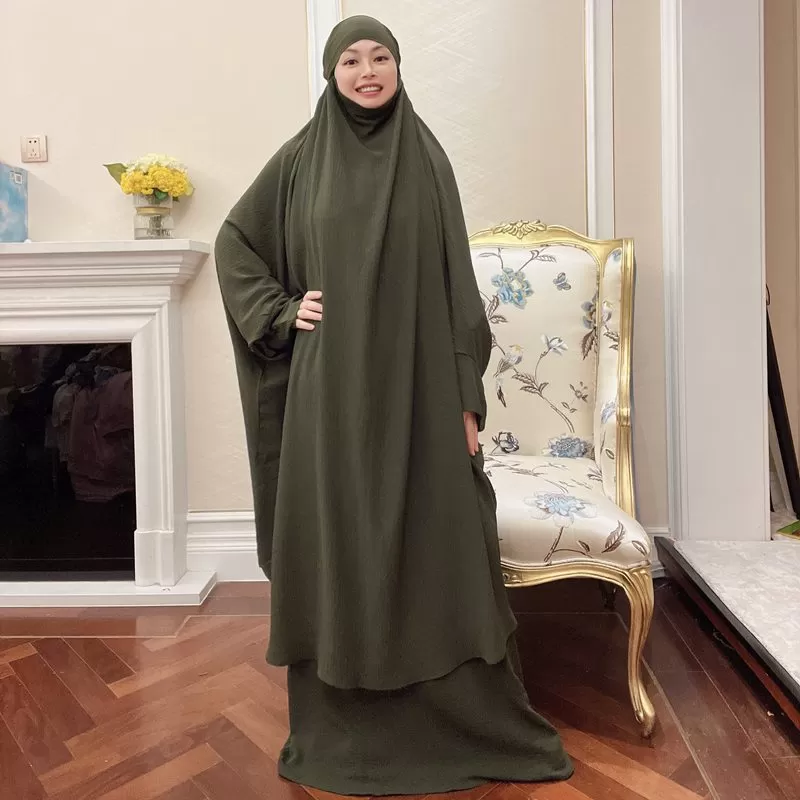 2 Pieces Set Winkle Jilbab Abaya Dress For Muslim Women