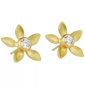 20K Gold Large Five Petal Flower Post Earrings with Diamond Center