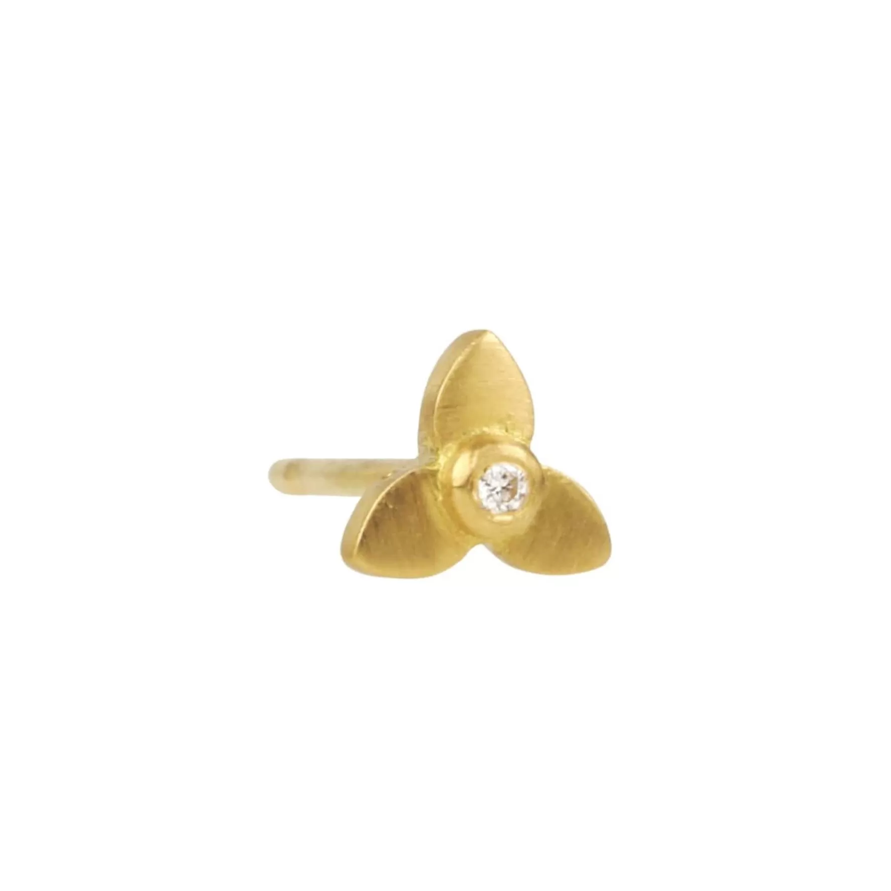 20K Yellow Gold XS Three-Petal Flower Stud Earring with Bezel-Set Center Diamond (0.07 tcw)