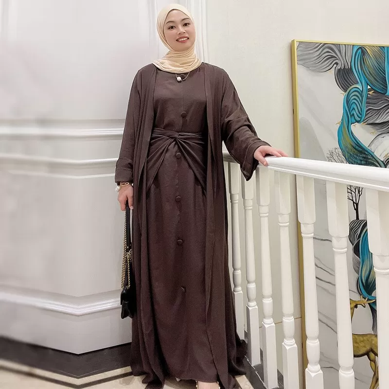 3 Pieces Set Cotton Blend Muslim Women Open Abaya Set, With Out Abaya, Inner Dress And Midi Wrap