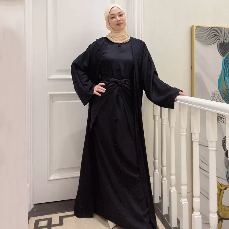 3 Pieces Set Cotton Blend Muslim Women Open Abaya Set, With Out Abaya, Inner Dress And Midi Wrap