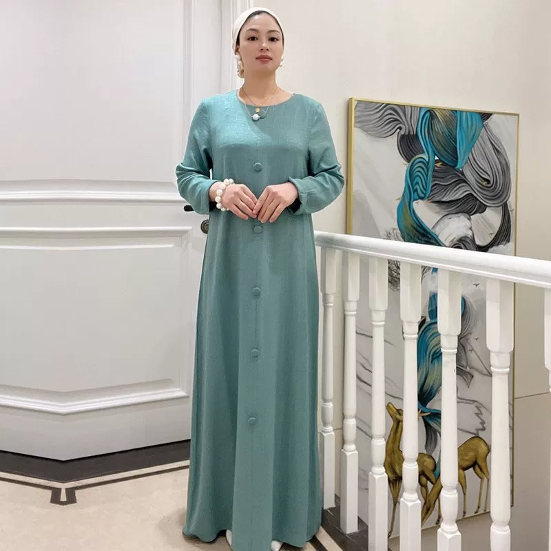 3 Pieces Set Cotton Blend Muslim Women Open Abaya Set, With Out Abaya, Inner Dress And Midi Wrap