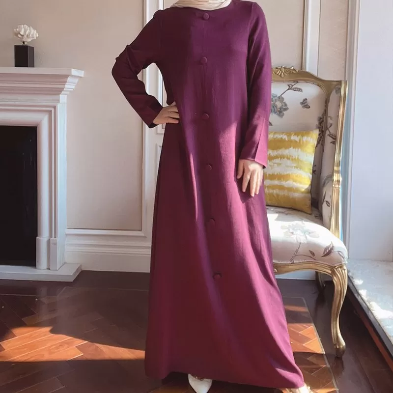 3 Pieces Set Cotton Blend Muslim Women Open Abaya Set, With Out Abaya, Inner Dress And Midi Wrap