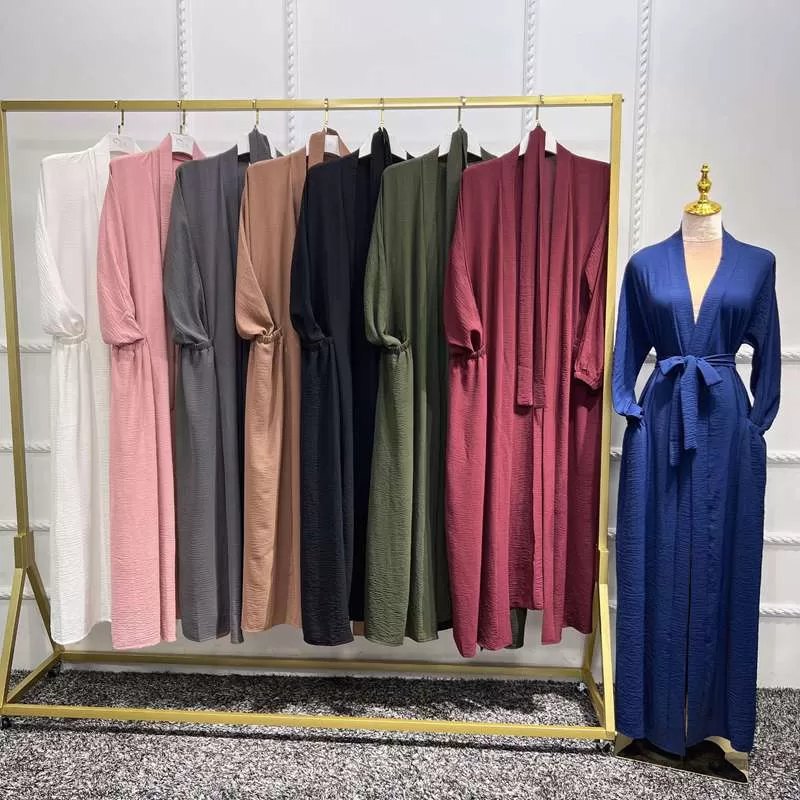 8 Color Options Wrinkle Open Abaya Dress Muslim Women