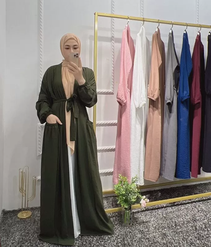 8 Color Options Wrinkle Open Abaya Dress Muslim Women