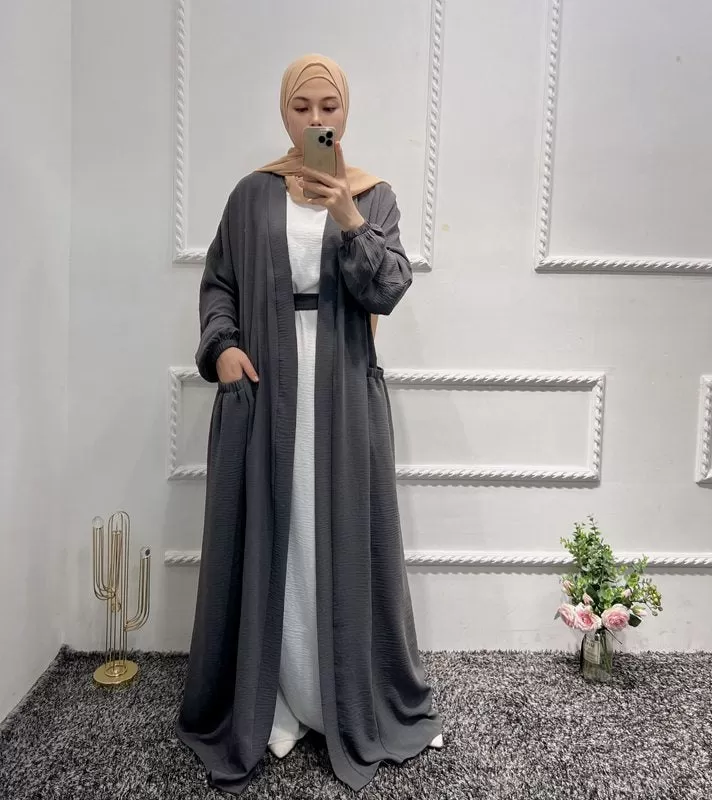 8 Color Options Wrinkle Open Abaya Dress Muslim Women