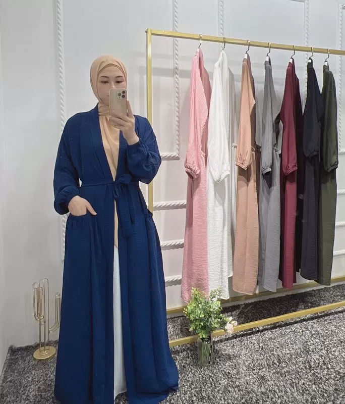 8 Color Options Wrinkle Open Abaya Dress Muslim Women